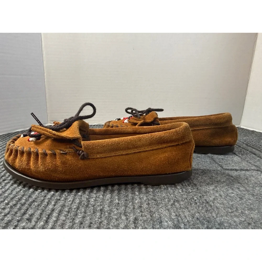 Minnetonka Kids Thunderbird Brown Suede Moccasins Beaded Fringe Shoes Size 2